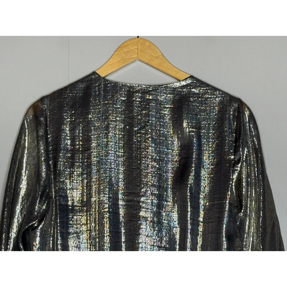Ramy Brook Metallic Silk Flutter Sleeve Peplum Blouse M